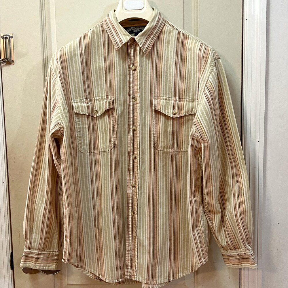 Thornton Bay Men's Size L 100% Cotton L/S B/D Shirt. Tan w/multicolor stripes